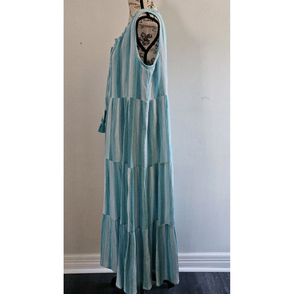 Tuckernuck Maxi Dress Women M Aquamarine Stripe Salty Paloma Caftan Beach Resort - Picture 3 of 11